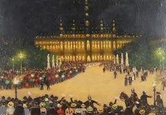 George Gerlach, Crowds In A City Square At Night (Austria?)