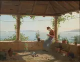 Karl von Kratzer, A Lady Sewing On A Balcony, Italian Coast