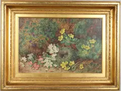George Clare, Primroses And A Bird's Nest By A Mossy Bank