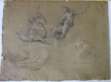 Pompeo Batoni, Seated Figures, Di Sotto In Su, Black crayon heightened with white