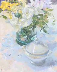 Peter Kuhfeld, Still Life With Flowers In A Glass Bowl, A Ceramic Bowl Alongside