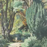 Muirhead Bone, Houses At Twilight; Figure On A Leafy Summer Lane