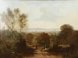 John Warkup Swift, Figures On A Country Road, A City Beyond (Newcastle Upon Tyne?)