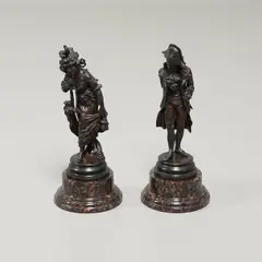 Antonio Pandiani, 'Personaggi', a pair of patinated bronze figures depicting a gentleman in a bicorn hat and a lady holding a fan