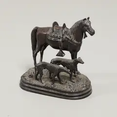 Alfred Dubucand, Untitled, a late 19th century bronze study of a saddled Arab horse with two hunting dogs
