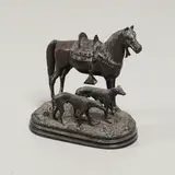 Alfred Dubucand, Untitled, a late 19th century bronze study of a saddled Arab horse with two hunting dogs