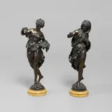 Mathurin Moreau, Allegorical Figures Of Spring And Winter, on circular beaded and Sienna marble bases