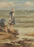 Robert Jobling, Girls And Gulls On A Rocky Shore
