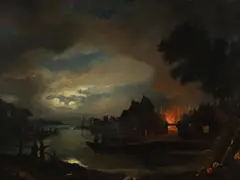 Aert van der Neer, Moonlit Town Scene By A River, A Fire In The Distance