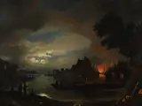 Aert van der Neer, Moonlit Town Scene By A River, A Fire In The Distance