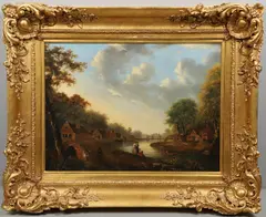 Julius Caesar Ibbetson, Figures At A Rural Riverside Village
