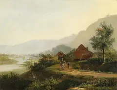 Barend Cornelis Koekkoek, Figures With A Horse By Cottages On A Country Road Above A River