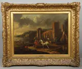 Pieter van Bloemen, Merchants And Other Figures With Horses, By Ruins In An Italianate Coastal Landscape