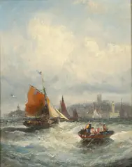 William Anslow Thornley, Fishing Boats In Choppy Waters Off A Town