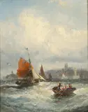 William Anslow Thornley, Fishing Boats In Choppy Waters Off A Town