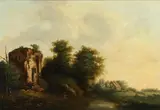 Salomon van Ruysdael, Figures Near A Ruined Tower By A Wooded Pond, Cottages Beyond
