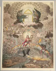 James Gillray, THE APOTHEOSIS OF HOCHE; TITIANUS REDIVIVUS or THE SEVEN WISE MEN CONSULTING THE NEW VENETIAN ORACLE, A SCENE IN YE ACADEMIC GROVE; DISCIPLES CATCHING THE MANTLE - THE SPIRIT OF DARKNESS, OVERSHADOWIN, etchings with hand colouring