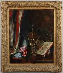 Emily Stannard, Still Life Of A Ciborium, A Book Of Hours, A Charger And Flowers Upon A Table, A Fringed Cloth To The Left