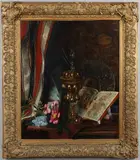 Emily Stannard, Still Life Of A Ciborium, A Book Of Hours, A Charger And Flowers Upon A Table, A Fringed Cloth To The Left
