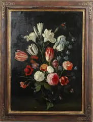 Still Life Of A Bowl Of Flowers With Butterflies And A Dragon Fly by Jan van Kessel the Elder, Oil on canvas, sold Apr 2023