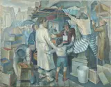 Geoffrey Underwood, Market Scene, Oil on canvas