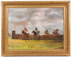 Phillip Sanders, - Horse Racing Oil On Canvas, A large oil on canvas of various horses and jockey's jumping a fence