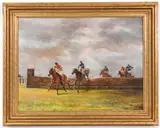 Phillip Sanders, - Horse Racing Oil On Canvas, A large oil on canvas of various horses and jockey's jumping a fence