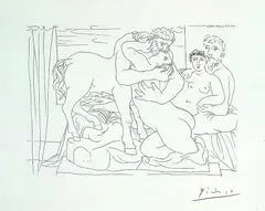 Pablo Picasso, Sculpteur et son modèle avec un groupe sculpté représentant un centaure embrassant une femme, 1933, Etching