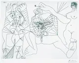 Pablo Picasso, Femme couchée en raccourci, taquinée par deux autres femmes, Etching
