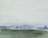 Kay H. Nebel, 3 Bll.: Segelboot (Schleimünde). Kühe (Schleimünde). Küste im Nebel, Watercolour