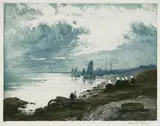 Manuel Robbe, Bretonnes attendant le retour des Pêcheurs, Aquatint printed in colours