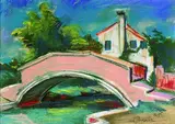William Straube, 2 Bll.: Auf der Insel Torcello bei Venedig vom Gasthaus aus gesehen. Drei Figuren vor einem Gebirgsdorf, Pastel