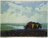 Karl Alexander Brendel, Pflügender Bauer mit Ochsengespann vor weiter Flußlandschaft, 1914, Woodcut printed in colours