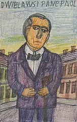 Krynicki Nikifor, Mann in violettem Anzug, Colour chalk