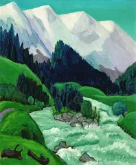 Gabriele Münter, Reißender Gebirgsbach, Oil on cardboard