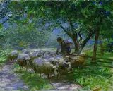 Heinrich von Zügel, Schäfer läßt die Herde aus sonnigem Obstgarten