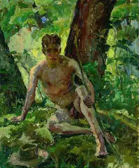 Albert Weisgerber, Männlicher Akt, sitzend im Wald, mit Hut und Bogen, 1909, Oil on cardboard