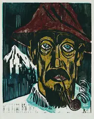 Rauchender Schweizer by Max Pechstein, 1923, Woodcut printed in colours, sold Dec 2001