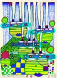 Pazifikdampfer by Friedensreich Hundertwasser, 1985, Woodcut printed in colours, sold Dec 2001