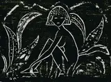 Otto Mueller, Mädchen zwischen Blattpflanzen (Mädchen im Schilf), 1912, Woodcut