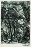Fritz Schaefler, Berge. Wasserfall. Stadt am Fluss, 1920, Drypoint