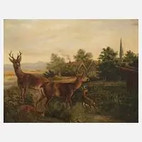 M. Doelle, Rehe vor Dorf, Öl auf Leinwand