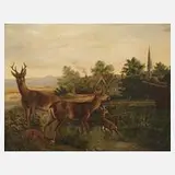 M. Doelle, Rehe vor Dorf, Öl auf Leinwand