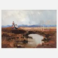 Emil Brehm, Feldarbeiter im Moor, Öl auf Malkarton