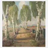 R. Eitner, Birkenallee in der Heide, 1941, Öl auf Karton