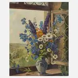 Willi Freitag, Sommerblumenstrauß im Fenster, Öl auf Leinwand und Keilrahmen