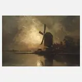 F. von Herrenburger, Windmühle im Mondenschein, Öl auf Leinwand