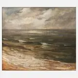 Karel Hodr, "Trübe Stimmung" am Meeresstrand, Öl auf Leinwand und Sperrholzplatte