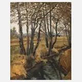 Erwin Merz, Bäume am Bachlauf, 1944, Öl auf Malkarton