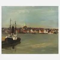 H. Regen, Stadt am Meer, Öl auf Leinwand